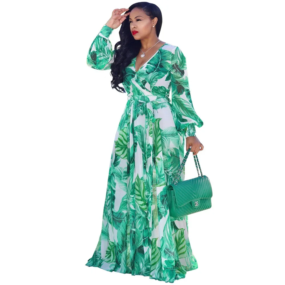 European and American large-sized women's fashion new printed long sleeved large swing chiffon dress