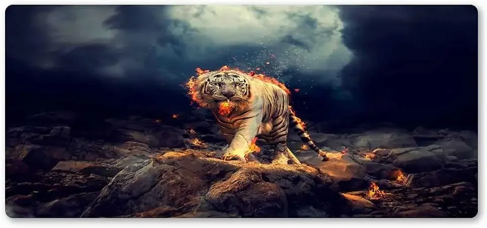 Flame Burning White Tiger Gaming Mouse Pad with Stitched Edges Non-Slip Rubber Waterproof Mousepad for Laptop PC Office 90x40 cm