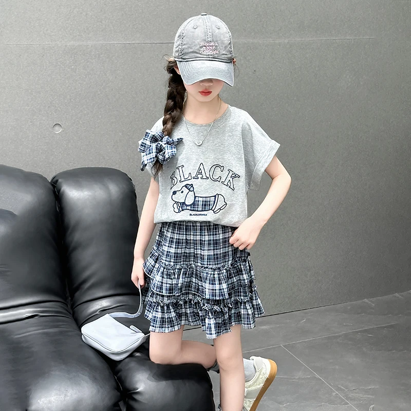 2026 New Kids Girls Summer Casual Clothing Set Cartoon Dog Pattern Top + Layered Cake Skirt with Lining 2-Piece Teenager Outfits