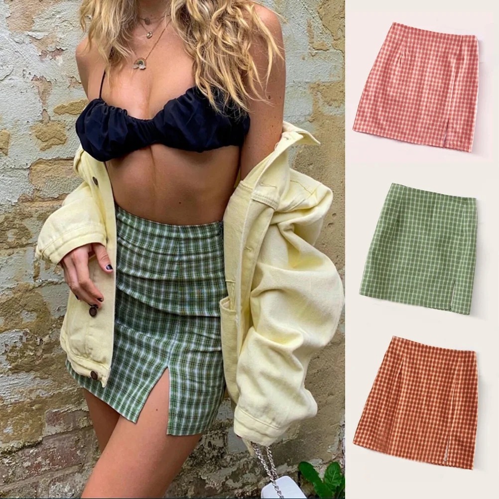 High Waist Front Slit Slim Fit Plaid Mini Skirt Casual Street Daily Summer Short Skirt for Young Women Daily Outdoor Wear