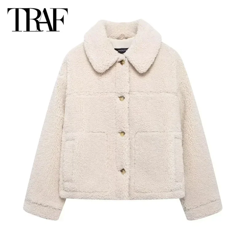 TRAF Women's Warm Winter Jacket Cropped Fleece Coat 2024 Autumn Long Sleeve Short Demi-Season Plush Parkas New In Outerwears