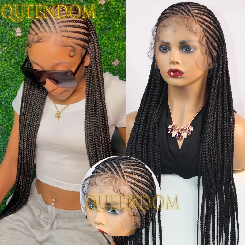 36 Inch Synthetic Braids Wig Full Lace Crochet Box Braid Wig for Black Women Handmade Jumbo Protective Cornrow Plait Braided Wig