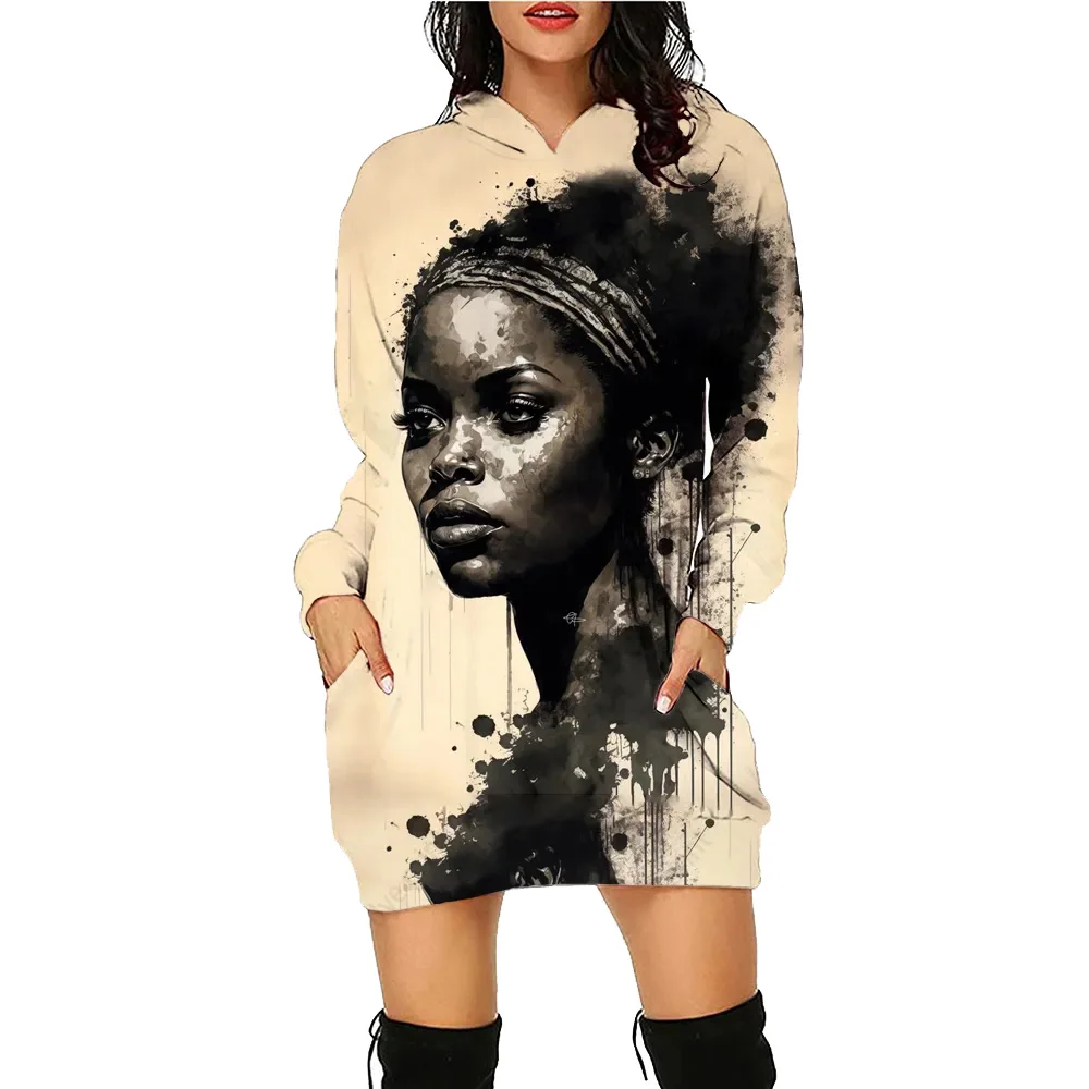 Women's Face Black Printed Hoodie Dress LaiesTop Workout Sweatshirt Long Sleeve Pullover Autumn Winter Loose Tee Traf Vestidos