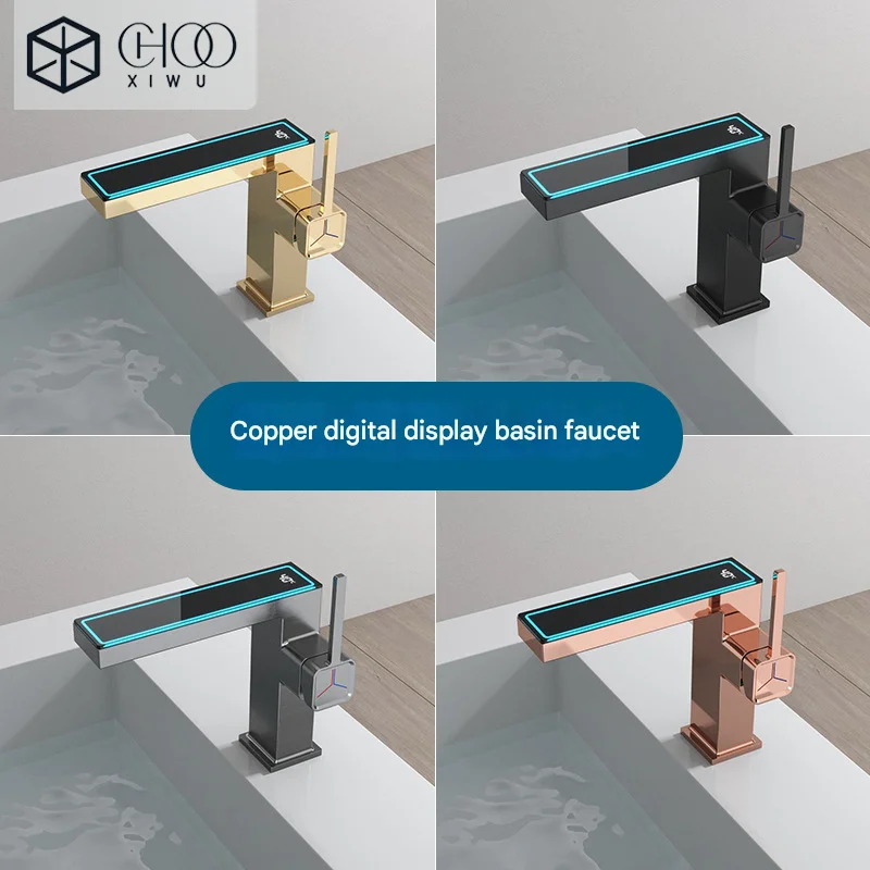 Pistola cinza display digital torneira da bacia preto display de temperatura do banheiro pia misturador água quente & fria senso de tecnologia guindaste