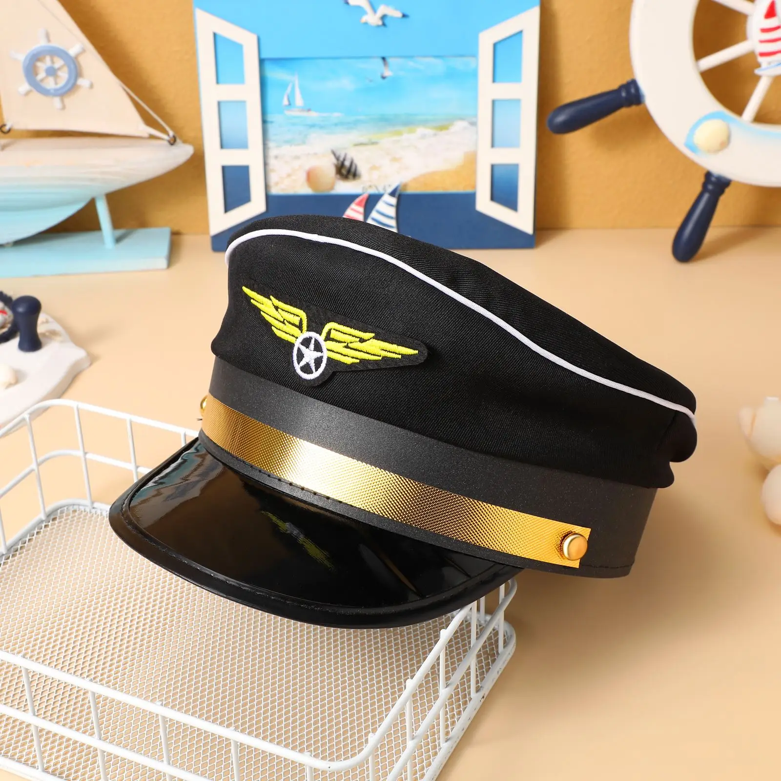 Halloween Party Pilot Caprain Hat Adult Unisex Cosplay Cap Badge Brooch Pin Prop Brim Gold Palm Navy Caprain Hats Costume