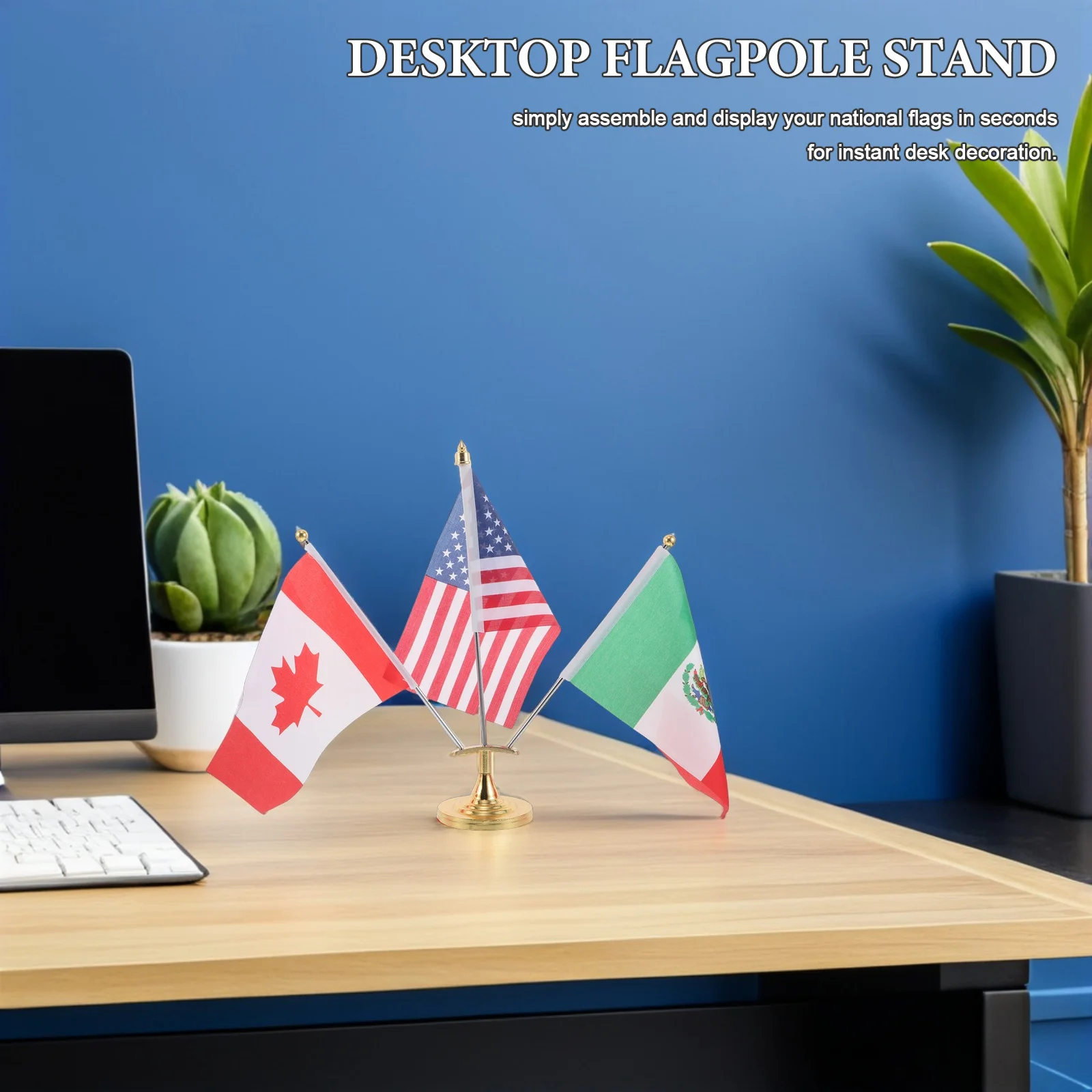 

1 Set American Mexico Canada Table Flag Metal Base Desktop Flagpole For Office Desk Sports Events Party Decor Stainless Steel
