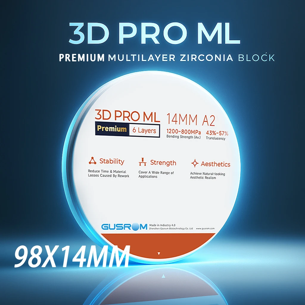 

GUSROM 3D PRO ML Premium 6-Layer Multilayer Zirconia Block 98x14mm Zirconia Disk Translucency 1050MPa CAD/CAM Dental Material