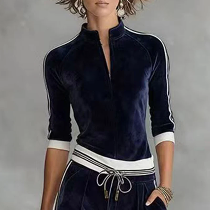 

Осень-зима, однотонная бархатная одежда, женская водолазка, топ на молнии, кардиган и широкие брюки, комплект в стиле ретро, контрастная спортивная одежда, костюм, наряд
