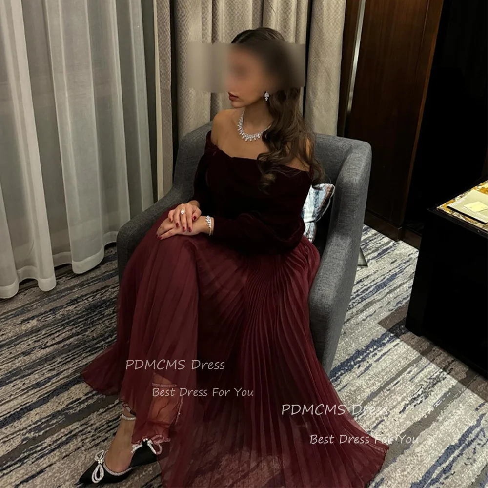 Elegant Burdungy Prom Dresses Velvet Off  Shoulder Evening Gowns Long Formal Party Dress Chiffon Customized vestidos para mujer