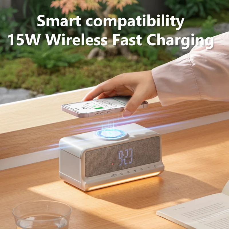 

Беспроводное зарядное устройство 15 Вт с белым шумом, Bluetooth-динамики, перезаряжаемая беспроводная зарядная станция, ночник, светодиодный будильник, динамик