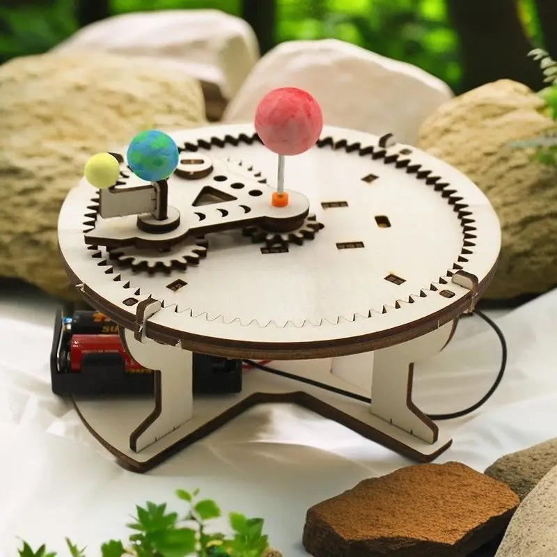 DIY Electric Three-Ball Orrery Wooden Assembly Kit Dynamic Sun Moon Earth Celestial Body Demonstration Model