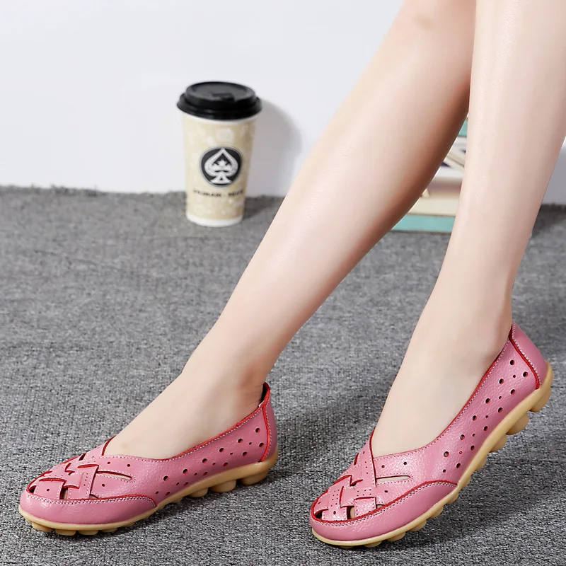 Hollow Breathable Flats Shoes Women Korean Style Summer Solid Color Round Head Leather Casual Plus Size Shoes Zapatos Mujer