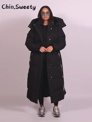 Warm Women's Puffy Quilted Hooded Long Cotton Coat Loose Solid Stand Collar Lace Up Zipper Overcoats 2025 Winter Lady Outwear