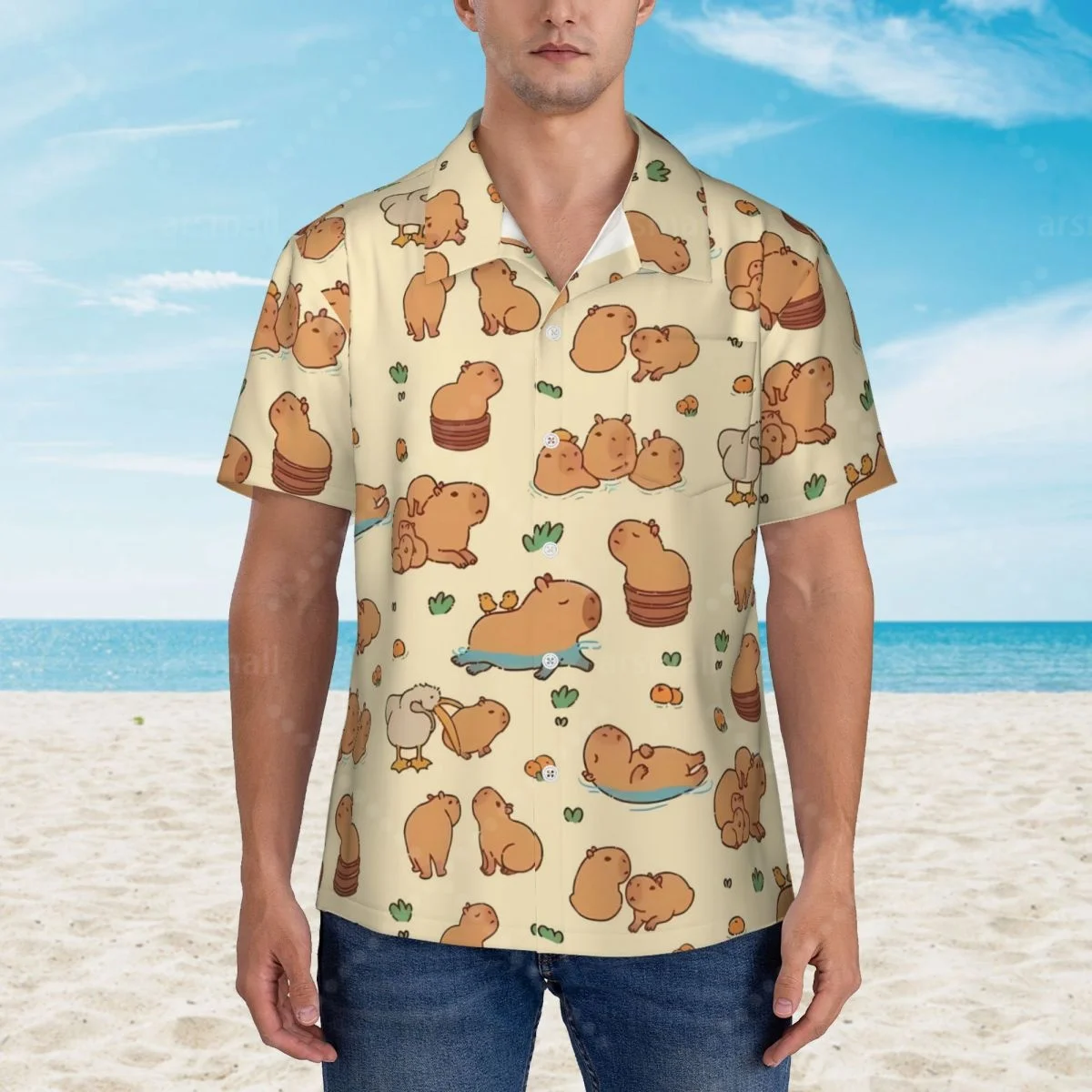 

Cute Capybara Loves Bubble Tea Thermal Hawaiian Shirt Men Short Sleeve Casual Floral Print Beach Shirt Summer Vacation Shirt