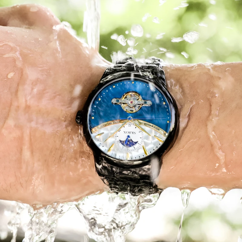 SKROX Maanfase Automatisch uurwerk Herenhorloge Mechanisch Waterdicht ridderpolshorloges Roestvrij stalen band Sportuurwerk