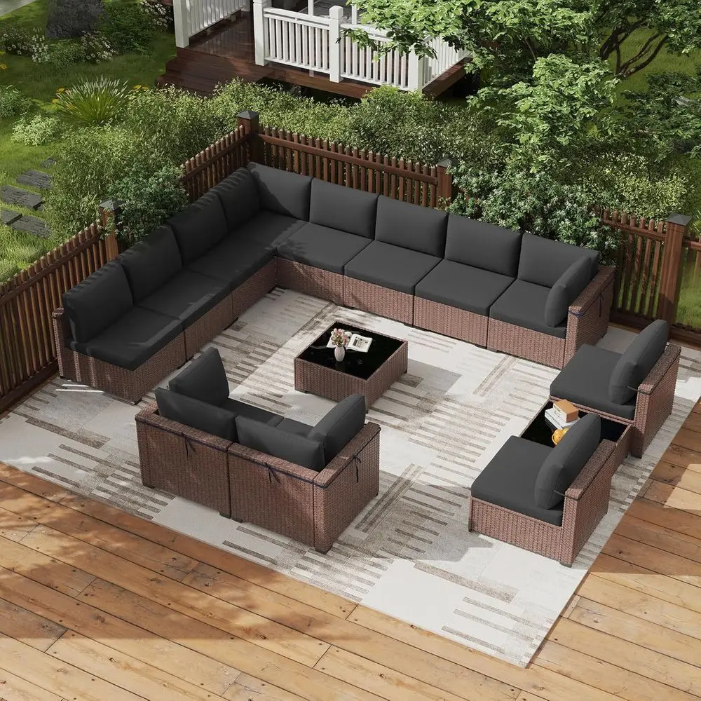 

14-Piece All-Weather PE Rattan Outdoor Sectional Sofa Set with Cushions and Easy-Clean Coffee Table (Brown/Grey)