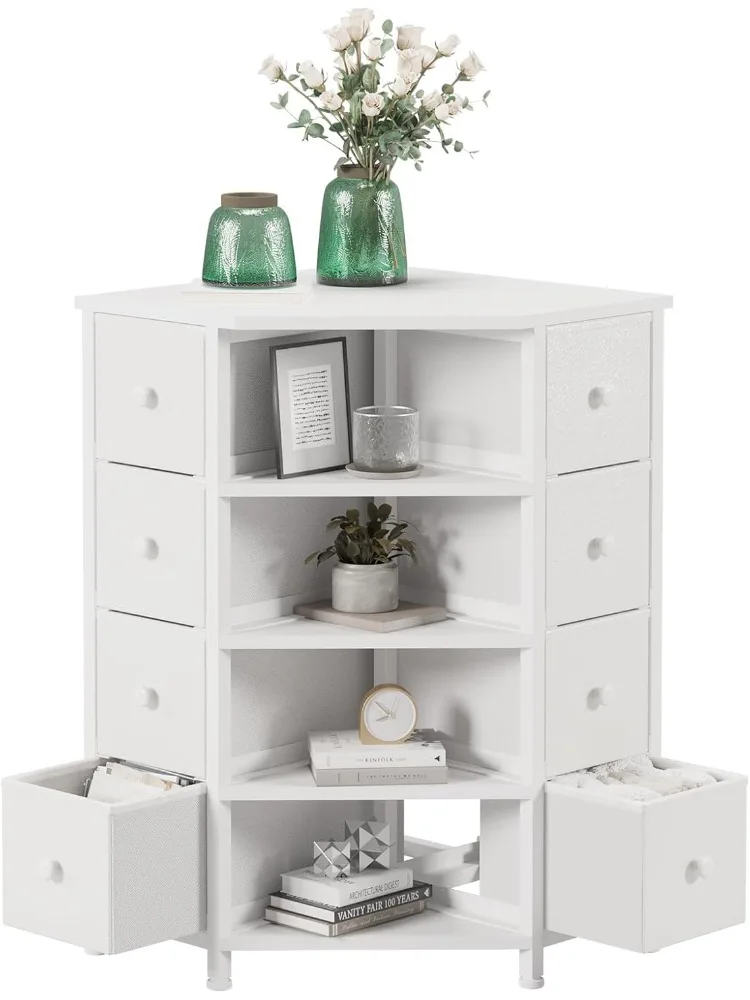 8 Drawers Corner Dresser with Storage Fabric Drawers and Open Shelves for Small Space，Bedroom，Entryway，Living Room(White)