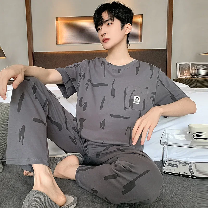 Cotton Pajamas Set for Men New Summer Soft Fashion O-neck Pyjamas Short Sleeved Plaid Pants Home Suit Plus Size S-4XL Pijamas