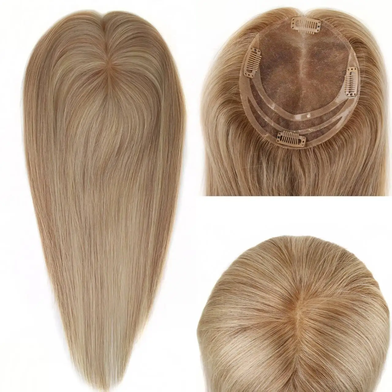 

Topper Hair Piece TUW14 Remy Human Hair Toppers Lace with 3 Lines of PU Around Sides and Back with 4 Clips Natural Looking Piece