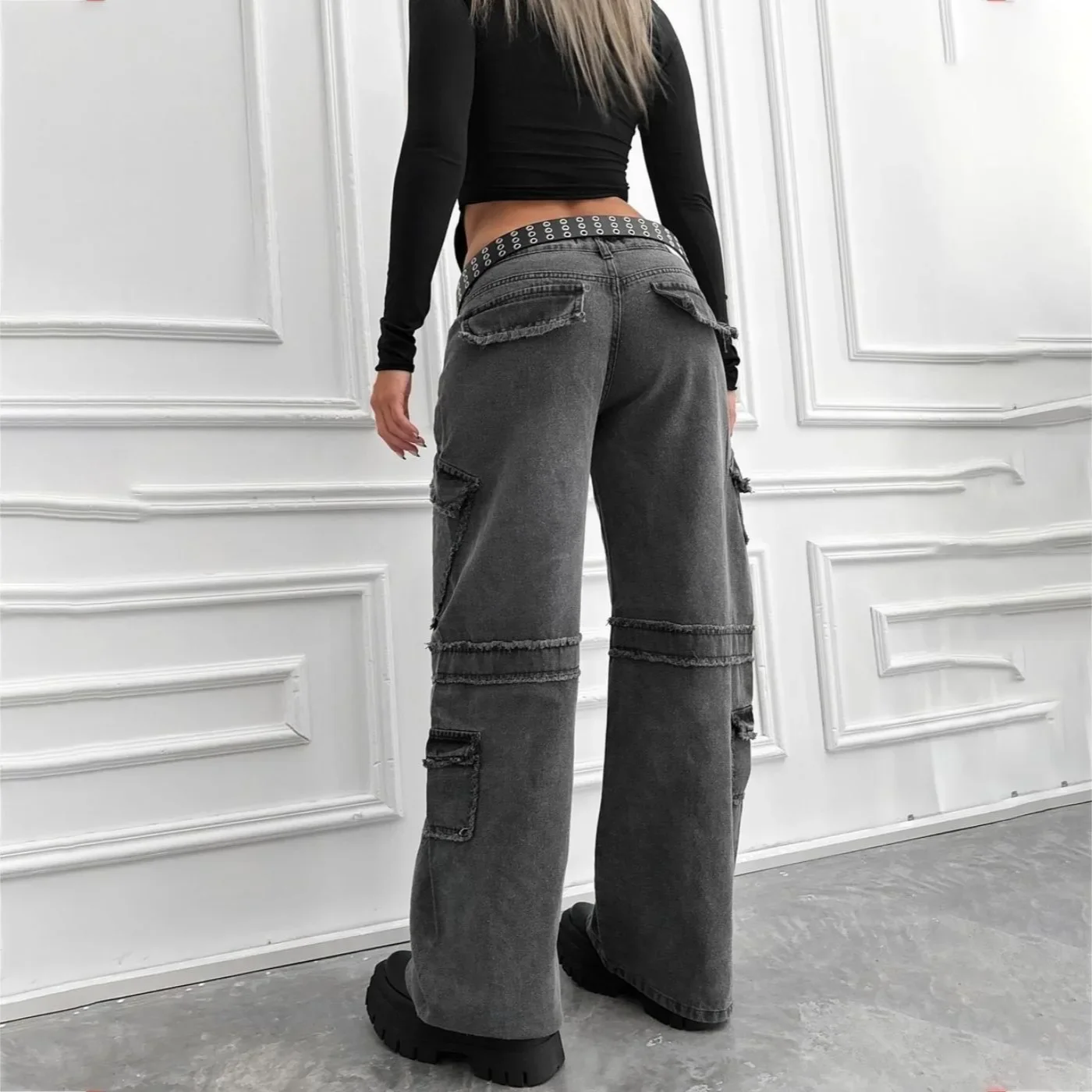 Street style retro multi pocket jeans women's new style spicy girl personality straight leg pants loose fit versatile pants