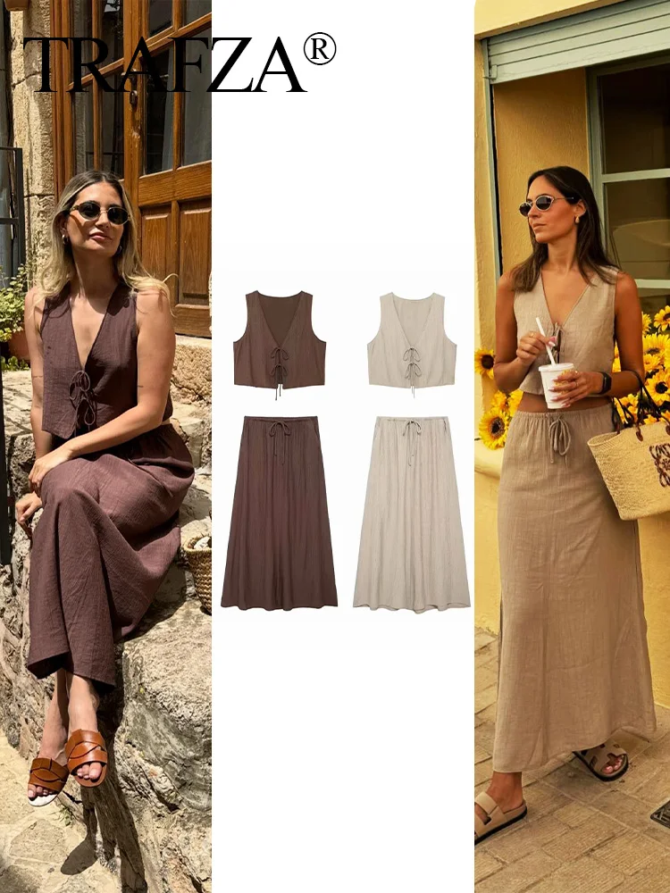 TRAFZA 2024 Summer Women Skirts Set Sleeveless V-Neck Lace Up Slim Vest+ Pleated Casual Loose Long Skirt Elegant  Beach Holiday