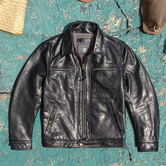 

Куртка из мягкой конской кожи в стиле Брэда Питта, мужская, с отложным воротником, приталенная, байкерская, с длинными рукавами, на молнии