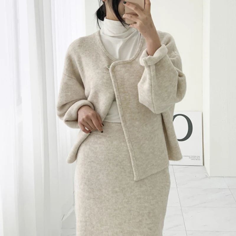 Clothland Women Jacket Skirt Suit One Button Long Sleeve Coat Sheath Midi Skirts Office Wear Thick Fashion Two Piece Set TA528