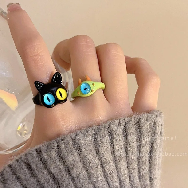 2023 New Cute Green Monster Rings Women Fashion Sweet Two Color Cat Eyes Open Couple Ring Wedding Finger Accessories Jewelry