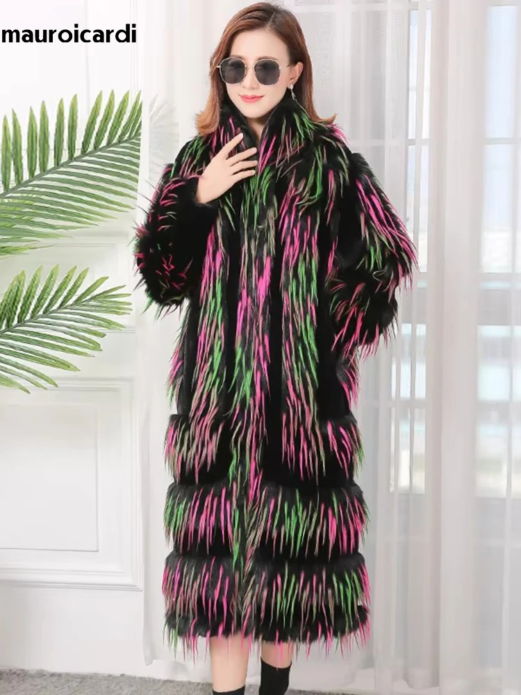 Mauroicardi Winter Long Colorful Thick Warm Hairy Shaggy Faux Fur Coat Women Stand Collar Elegant Luxury Designer Clothes 2025