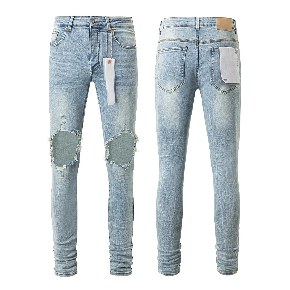 New Purple Jeans  American High Street brand Paint Faded Indigo Paint Repair Low Rise Elastic Skinny Destroy Wash Men Jeans