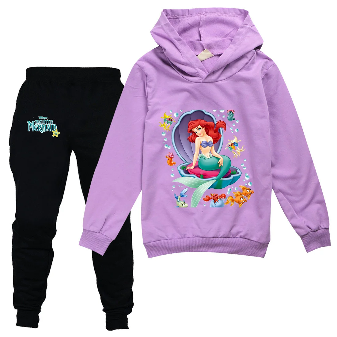 Disney The Little Mermaid Boys Girls Casual Thin Hoodies Black Pants Children Teen Outerwear Clothing Sets Kids Sportswear Suits