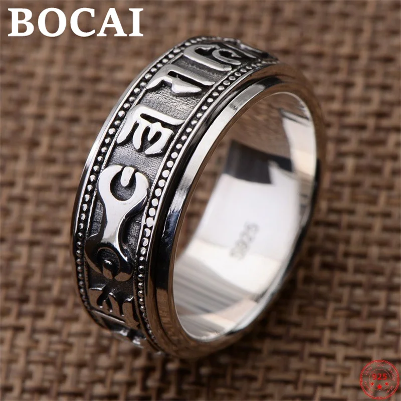 BOCAI S925 Sterling Silver Charms Rings for Men Women Retro Emboss Six Syllable Mantra Rotatable New Fashion Jewelry Wholesale