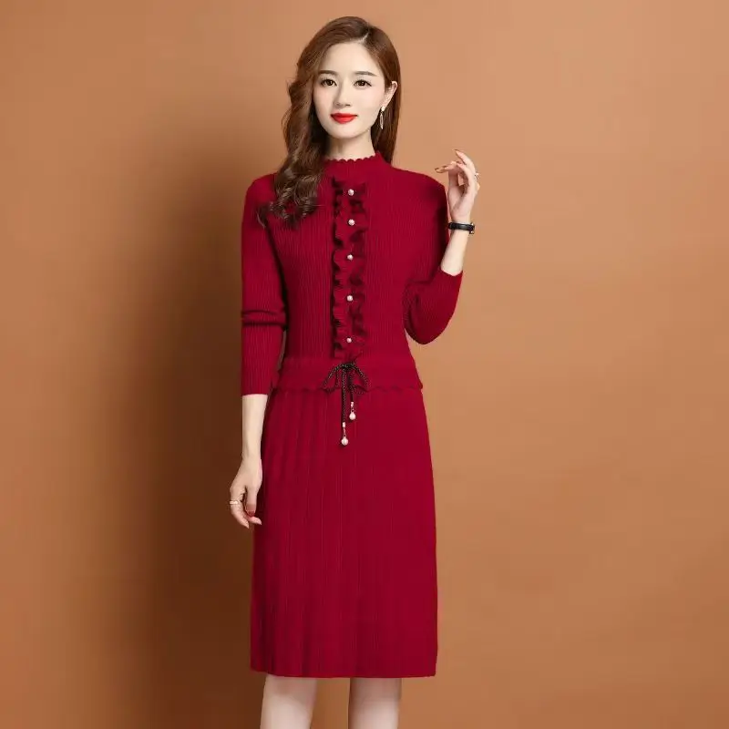 Elegant Long Sleeve Sweater For Woman Spring Autumn Woolen Dress Knitting Pullover Jumper Slim Women's Clothing Mother Knitwear