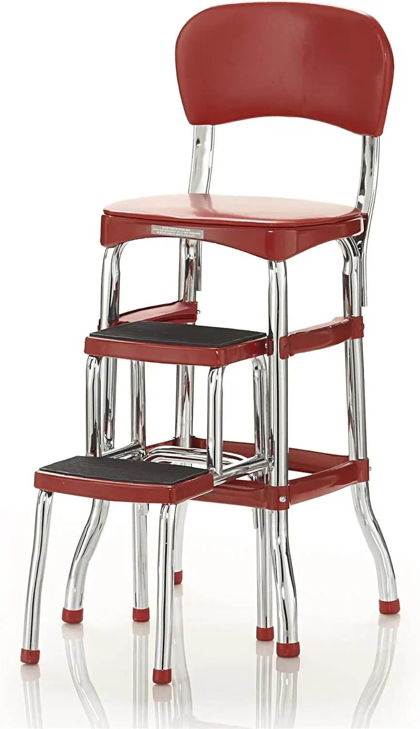 Stylaire Retro Chair + 2-Step Step Stool with Pull-Out Steps, 7 Ft. 11in Max Reach, 200 lb Weight Capacity, Steel and Vinyl (Red