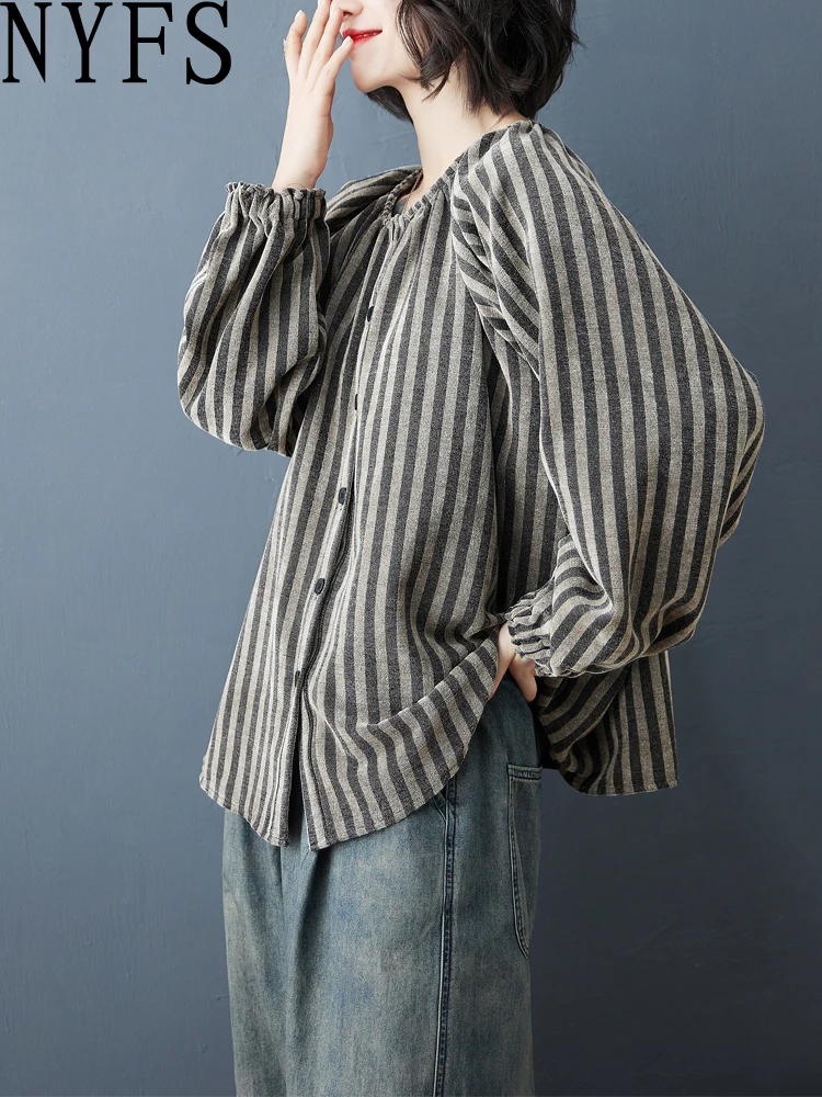 

NYFS 2025, осенне-зимняя модная полосатая женская рубашка, свободные топы больших размеров с длинными рукавами, толстый стиль