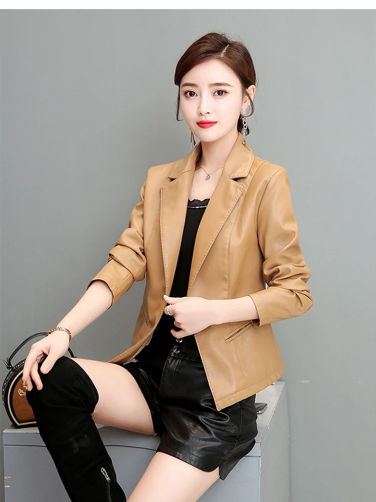 Jaqueta de Couro de Carneiro Feminina Profissional Slim para Primavera 2025: Casaco Ajustado para o Dia a Dia com Bolsos