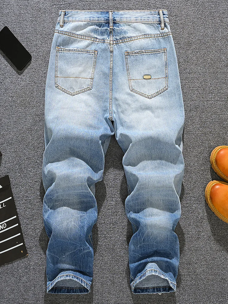 2025年春夏トレンドブランド、メンズ＆ユース向けルーズストレートジーンズ、レトロハイストリートグラデーションブルーパンツ