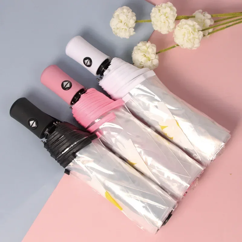 Ins Small Daisy Automatic Umbrella Transparent Three Fold Umbrellas for Japanese Women Girl Students Paraguas Mujer Sombrillas