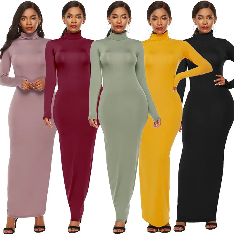 Frühling Herbst Einfarbig Dünne Lange Kleider Frauen High Neck Langarm Paket Hüfte, Figurbetontes Kleid Trendy Dame Pendeln Vestidos