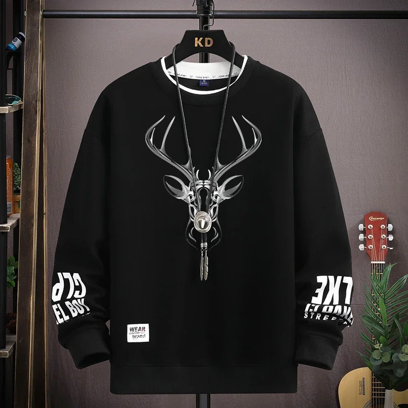 Autumn Men\'s Sweatshirt Hoodies Reindeer Printed Long Sleeve T-shirt Fashion Men\'s Clothing Black O Neck Harajuku Top 2024 New