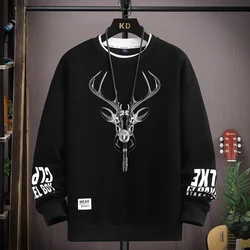 Autumn Men's Sweatshirt Hoodies Reindeer Printed Long Sleeve T-shirt Fashion Men's Clothing Black O Neck Harajuku Top 2024 New