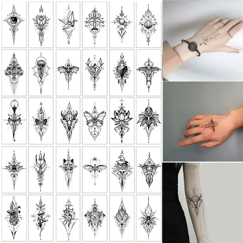 30pcs/lot Waterproof Fake Tattoos Lace Designs Eye Airplane Shell Bat Paper Cranes Universe Removable Tattoos Stickers for Women