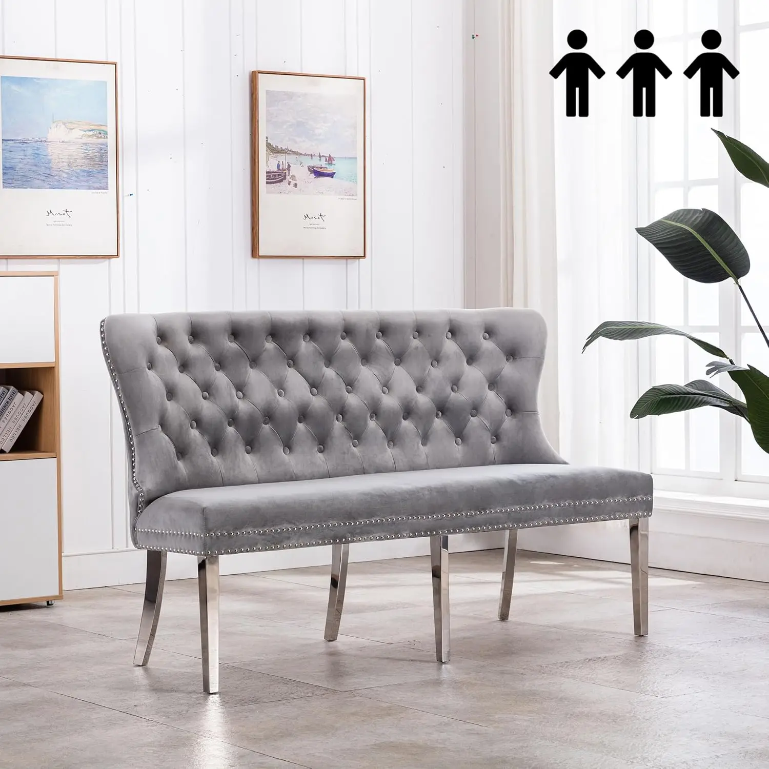 

65'' Upholstered Velvet Settee Bench 3 Seater, Modern Tufted Banquette Bench with Back, Accent Loveseat Sofa with Stainless