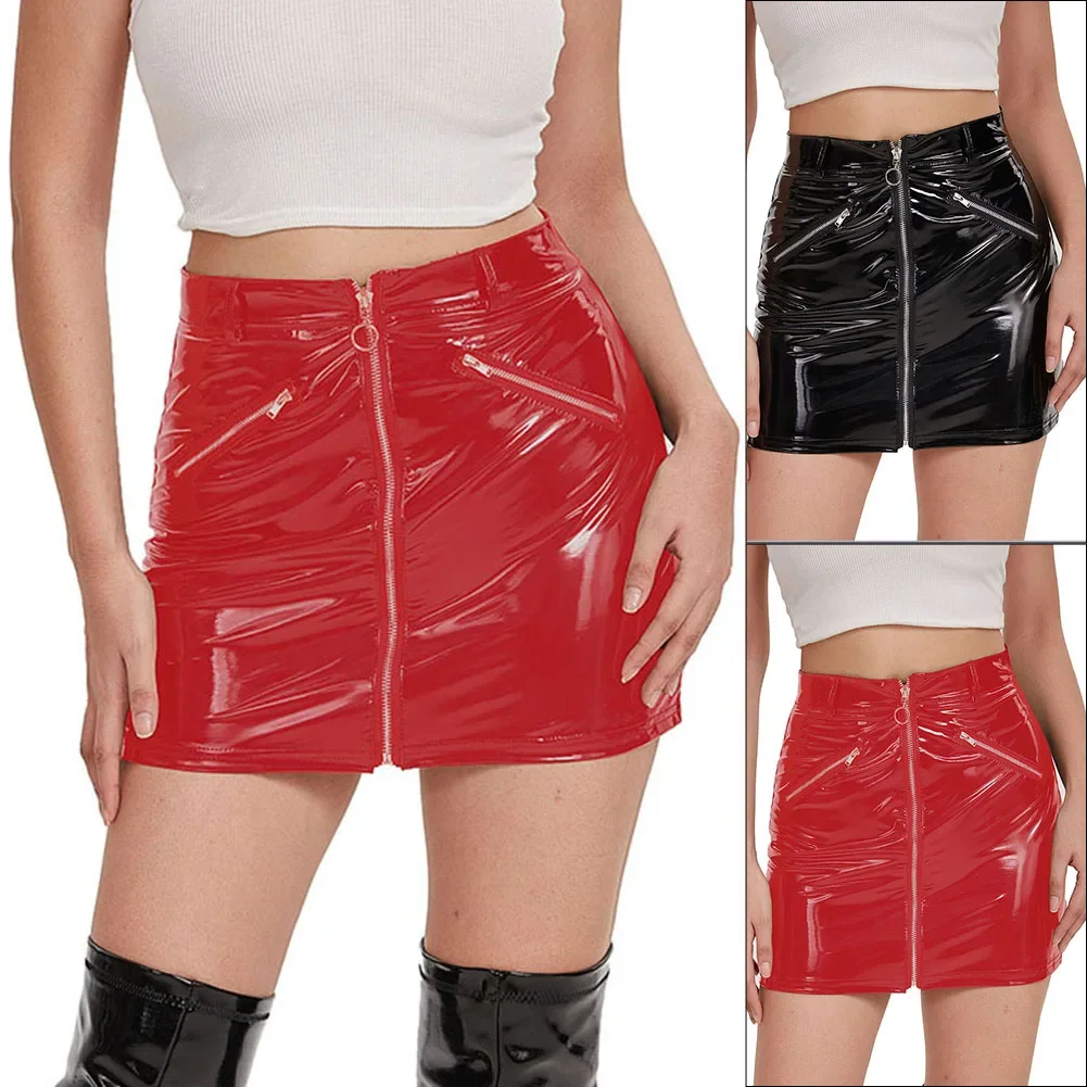 Holiday Vacation Skirt Dress Pencil Regular Shiny Short Slight Strech Solid Color Wet Look Womens Zip High Waist