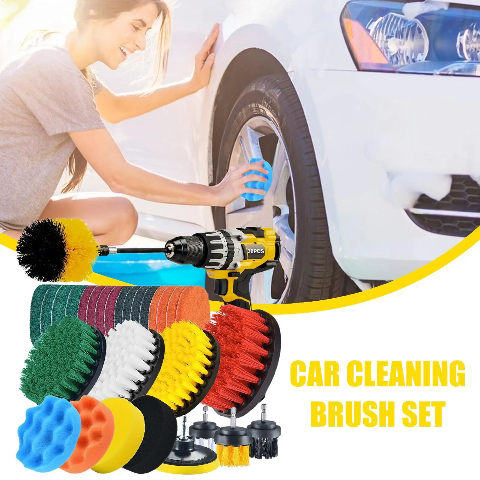 Car Washing Brush Kit 30 Pieces Auto Care Polishing Scrub Pads Sponge Exterior Car Wash Brush Kit For Truck Vehicle SUV Sedan