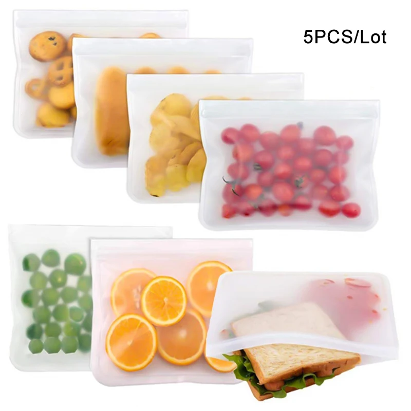 

5pcs/Set PEVA Food Storage Bag Self-Sealing Zipper Freezer Bag Reusable Refrigerator Food Freshness Package Kitchen Accessories