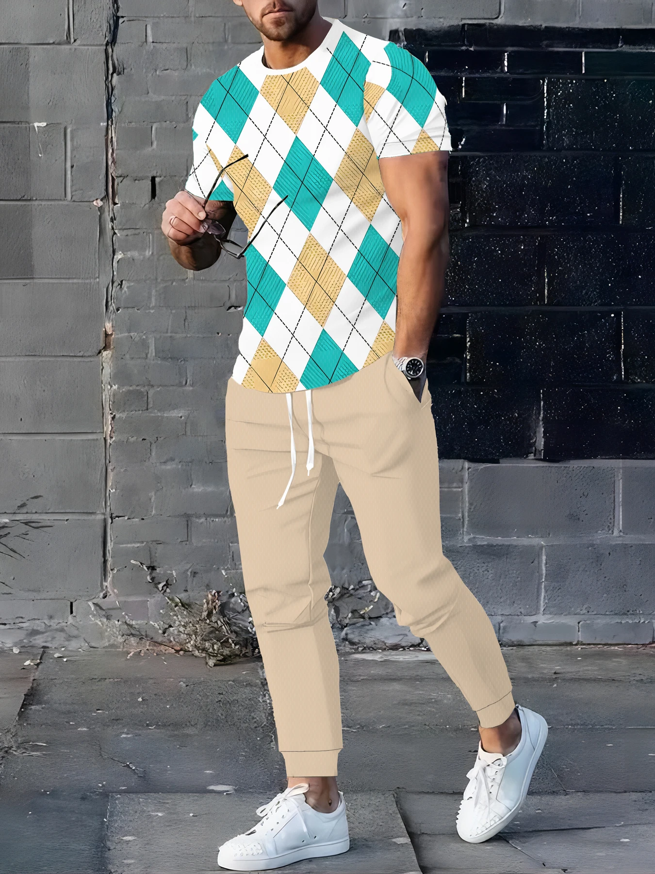 

Spring And Fall Men's Long Sleeve Pant 2pcs Sets Red And Blue Striped Print Man Set Everyday Fashion Men Long Sleeved T-shirt