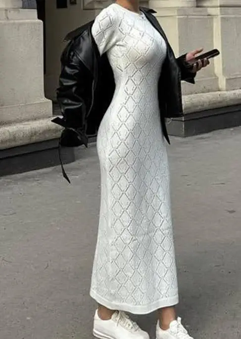 

Women Dress 2026 Spring Autumn New Solid Color Casual Long Sleeved Round Neck Hip Hugging Temperament Elegant Long Dress