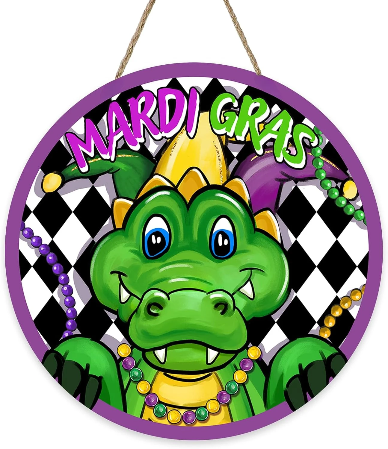 Mardi Gras Alligator Front Door Sign, New Orleans Carnival Wood Door Hanger Outdoor Outside Porch Decor Checkerboard Beads