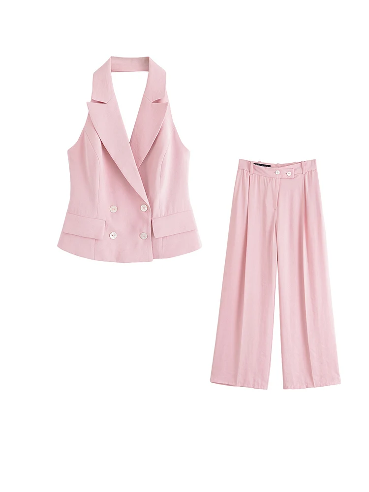 

2025 Women Summer 2-Pieces Sets Casual Solid Halter Tank Tops and Trousers Female Elegant Street Two Suits Clothing